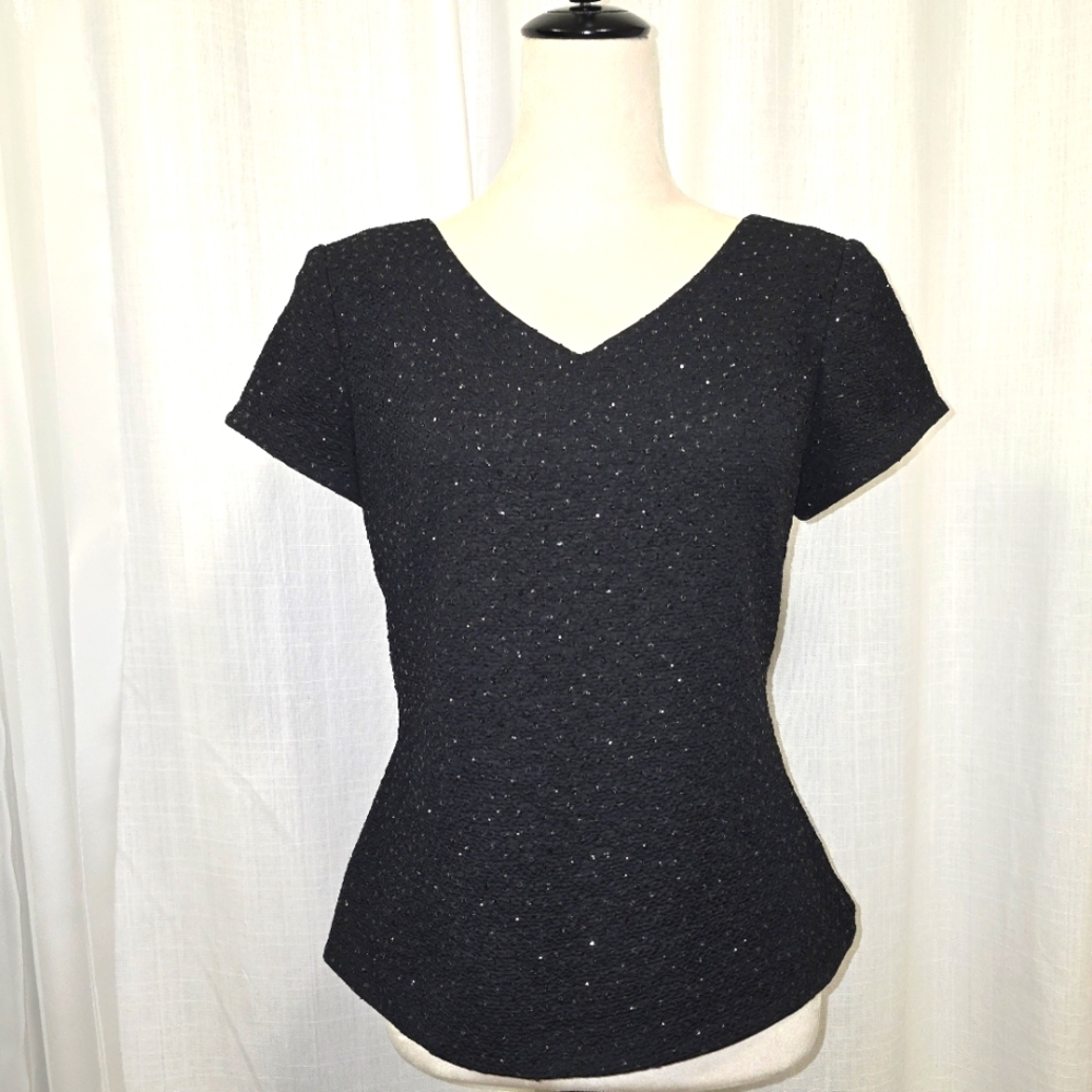 David Warren Black Beaded Top Womens Size 8 Zip Closure Cap‎ Sleeves Stretchy